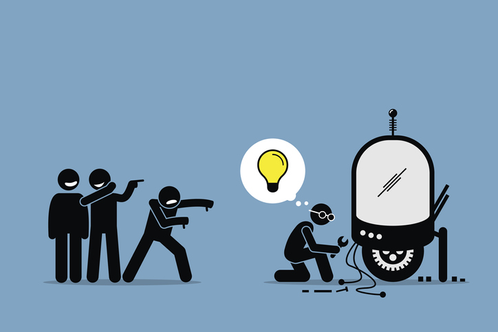 An inventor working on their creation while onlookers laugh and doubt