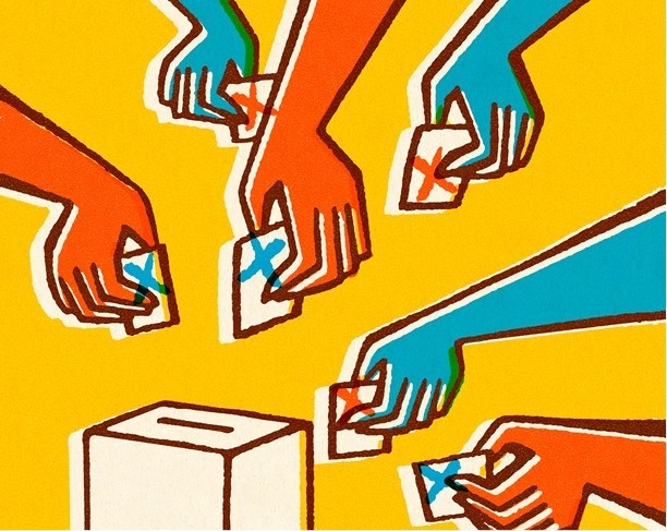 Hands reaching towards a ballot box to cast their votes