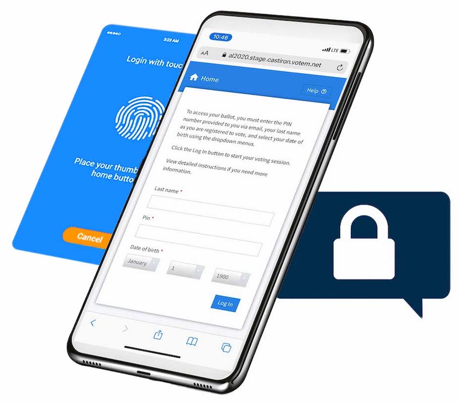 Voter ballot login screen on a phone next to a touch ID screen and secure lock icon