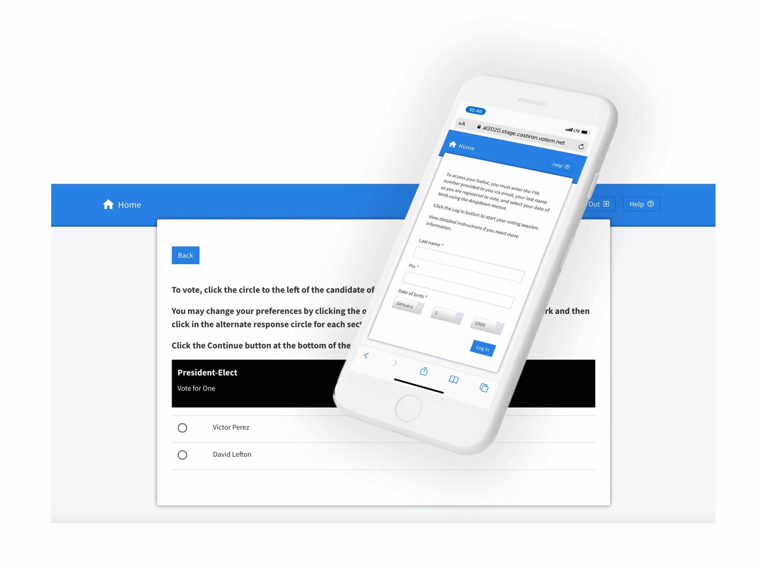 Ballot pulled up on a white phone over an online ballot screenshot