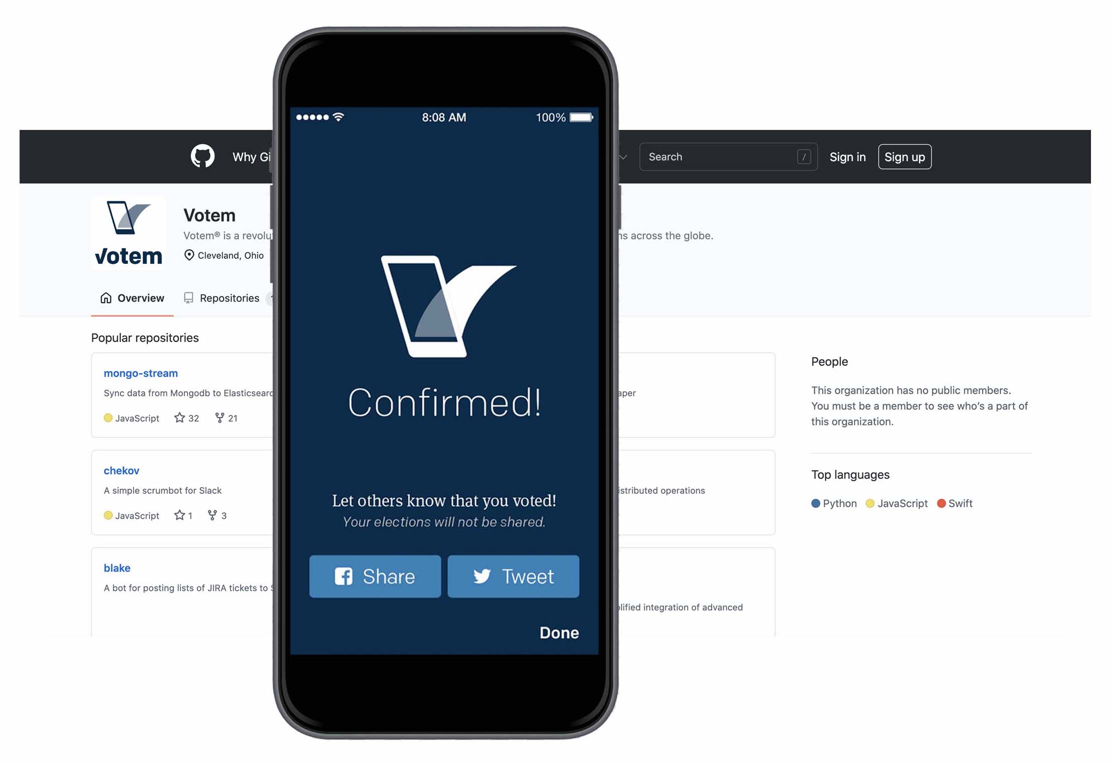 Mobile voting "Confirmed!" screen in front of a screenshot of Votem's GitHub