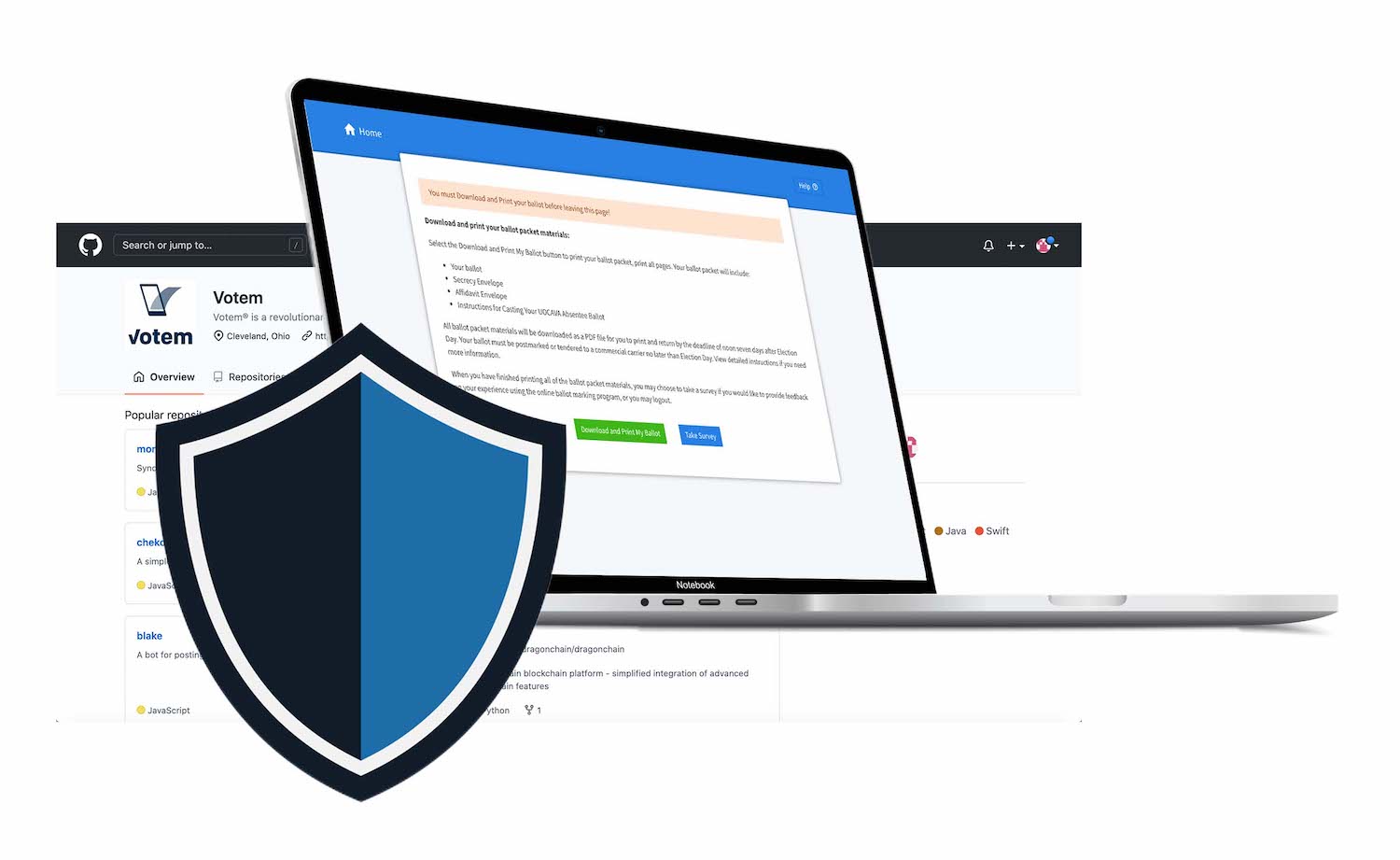 Online voting screen on laptop over screenshot of Votem's GitHub with a security shield icon