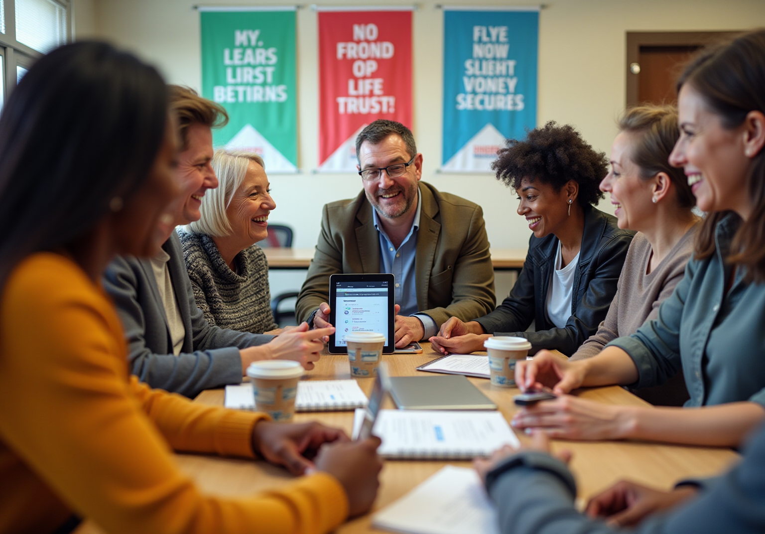 Union members gathered around a table